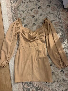 Cowl Neck Long Sleeve Mini Dress in Camel